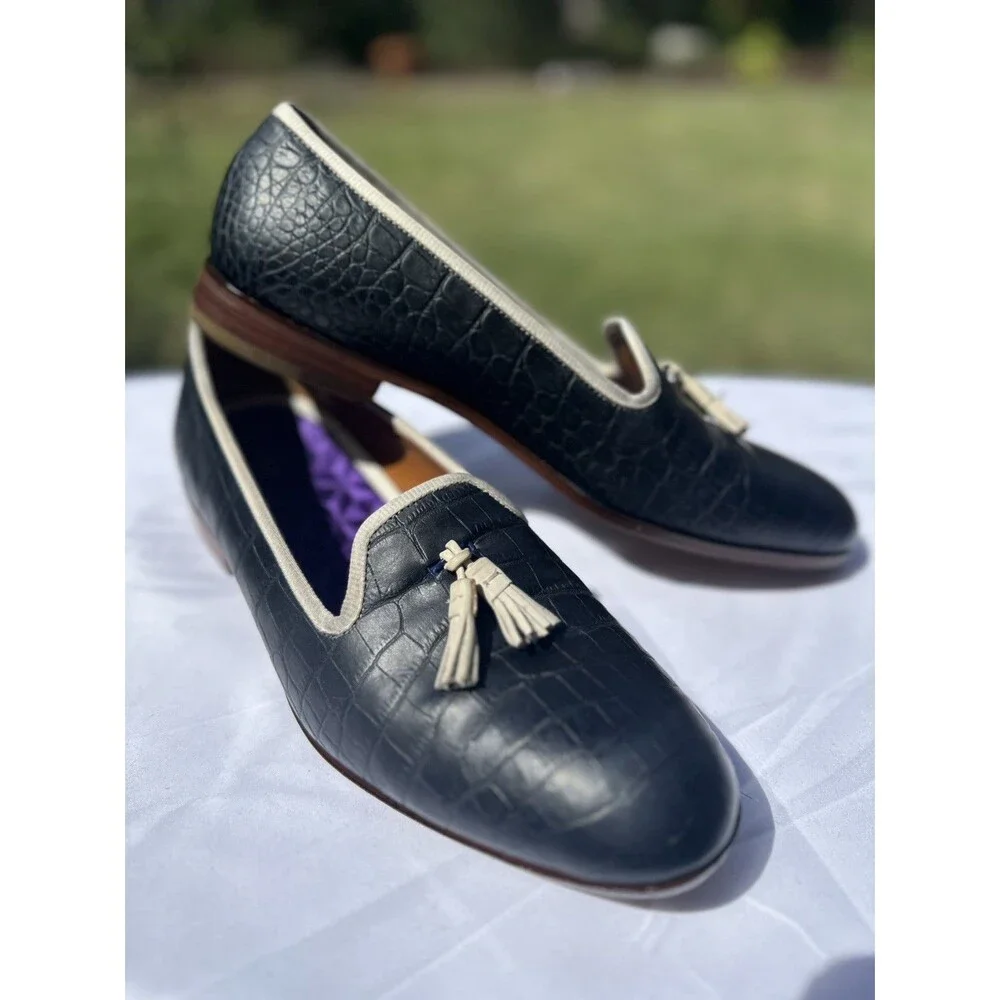 Men’s Evening Slippers Smoking Loafers 10 M Cole Haan Embossed Croc Tassel Navy